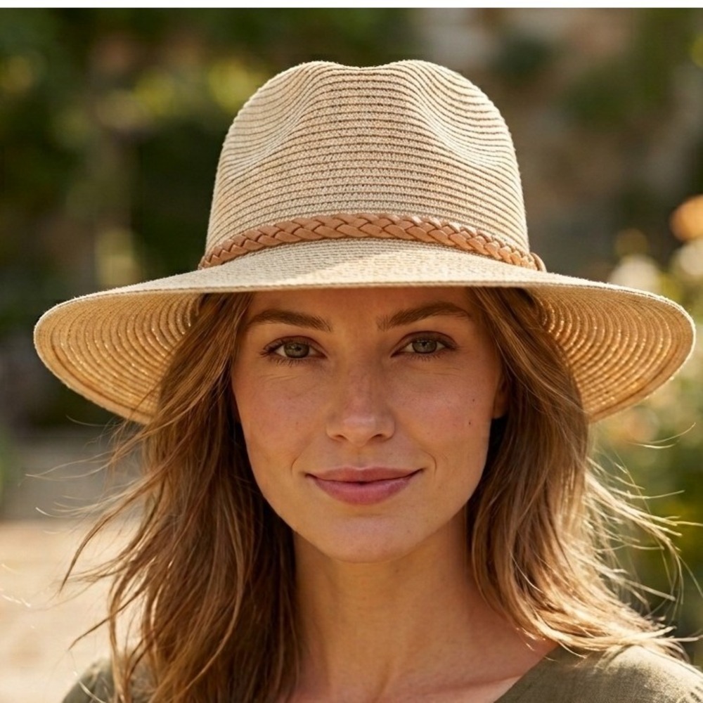 Carly Jean Los Angeles Women Tan Straw Wide Brim Sun Hat Braided Tassel NWT